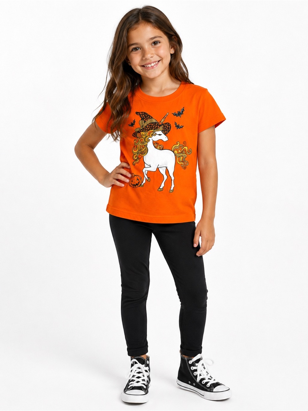 Girls Halloween Unicorn Witch Graphic Tee | Orange | Size M (7/8)